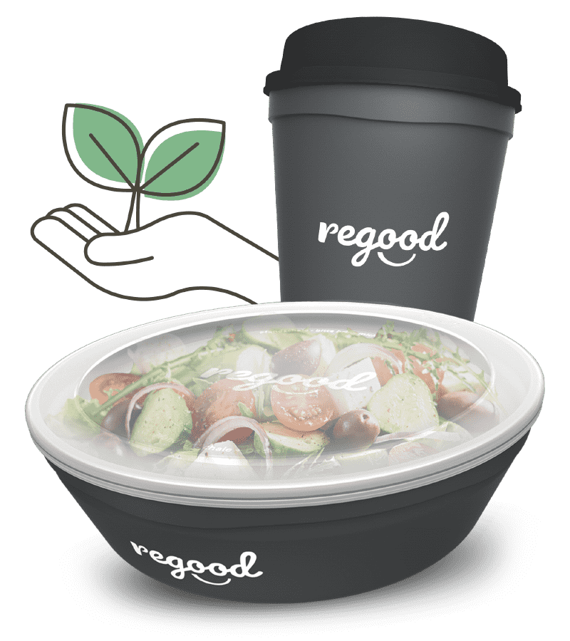 regood Mehrweg-Bowl und Mehrweg-Becher mit Hand und Pflanze